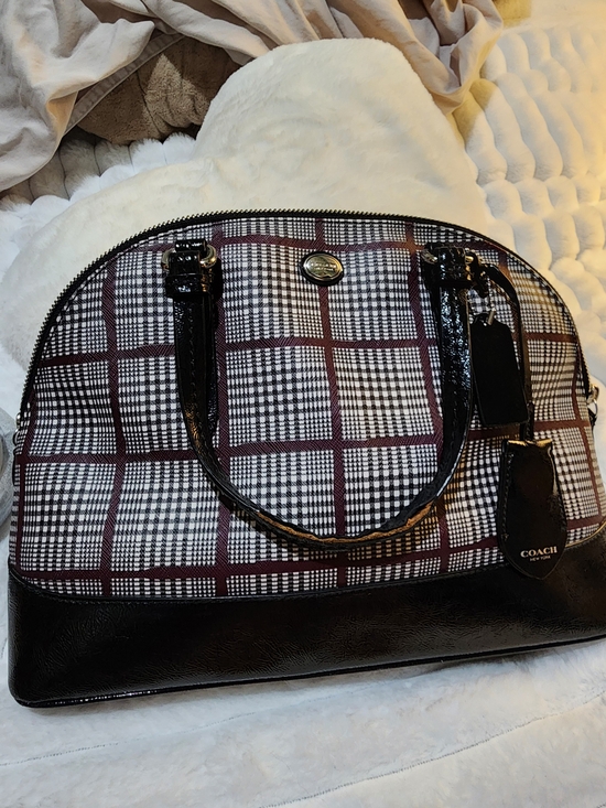 Coach Handbags - Coach Plaid Dome Satchel Handbag in Burgundy, Black and White Plaid